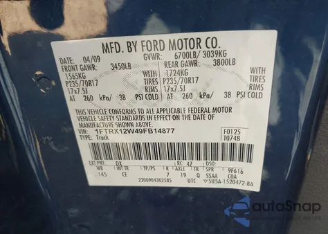 2009 Ford F-150 Stx/Xl из США, поврежденный, VIN 1FTRX12W49FB14877